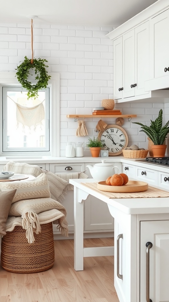 Cozy white kitchen with layered textiles, including blankets and pillows, creating a warm atmosphere.