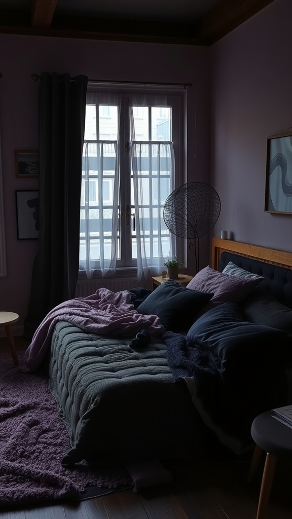 A cozy black and purple bedroom featuring layered textiles, including a quilted bedspread, purple throws, and a plush rug.