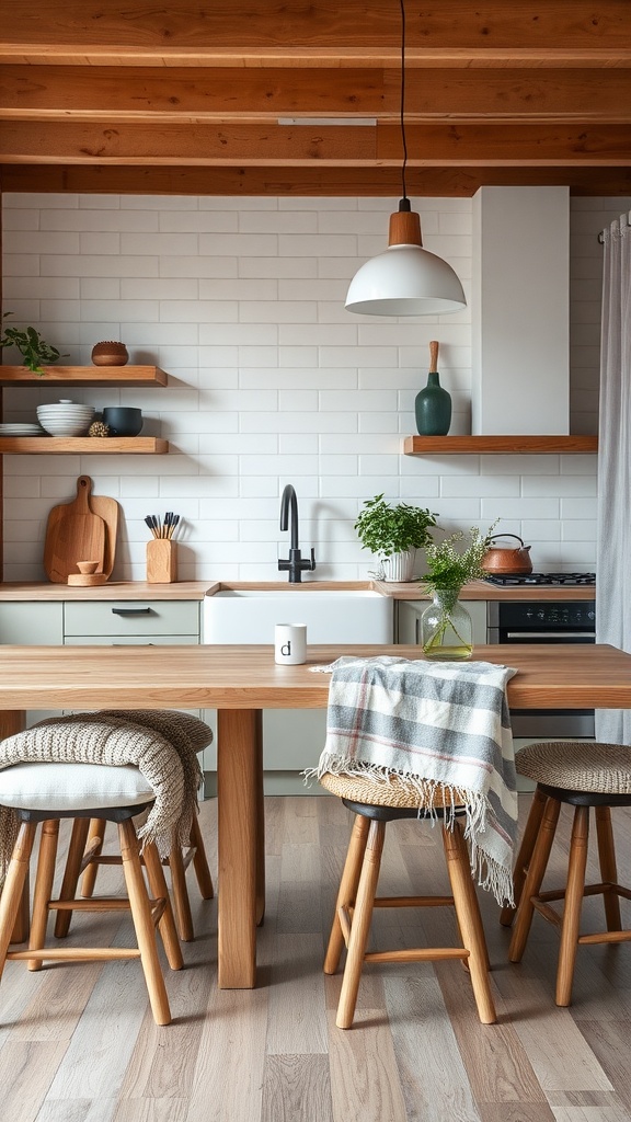 Cozy modern kitchen with layered textiles on stools and a wooden table.