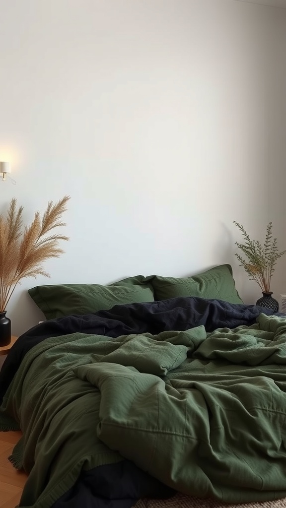 A cozy black and green bedroom featuring layered textiles on a bed with decorative plants.