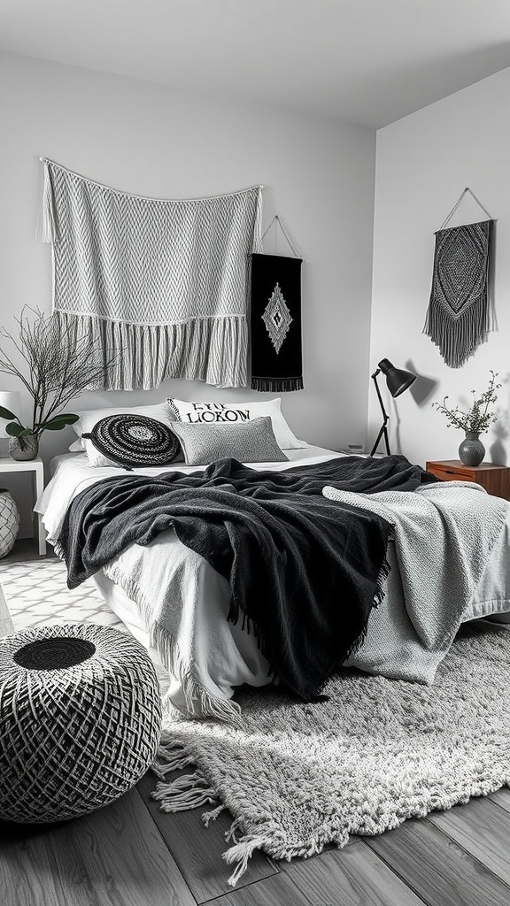 Cozy black and white bedroom with layered textiles, including blankets and decorative pillows.