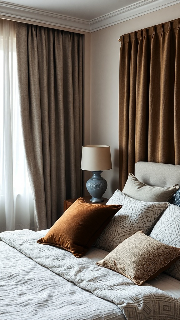 A cozy bedroom featuring layered textures with a bed, pillows, and curtains.