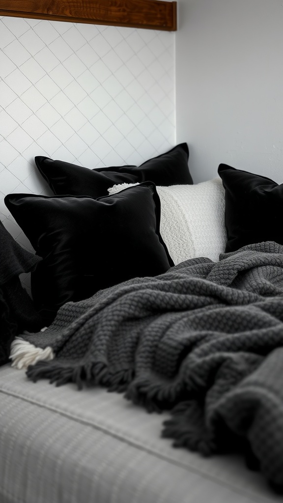 A cozy bed with black, white, and grey pillows and blankets, showcasing layered textures.
