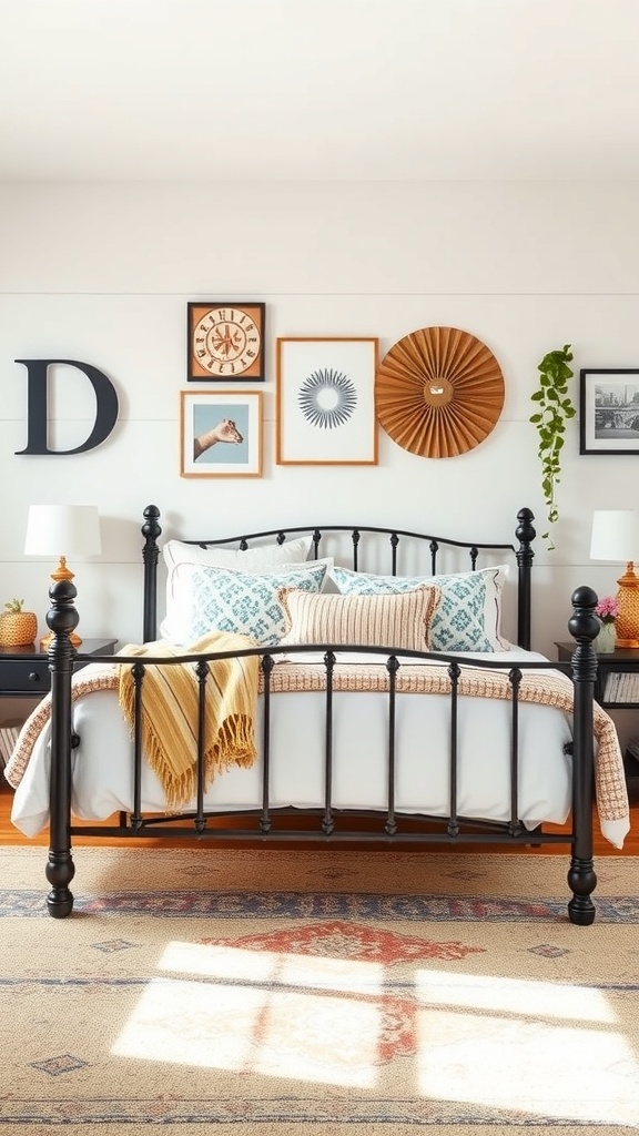A cozy bedroom featuring a black iron bed frame with layered textures and patterns, including decorative pillows, a patterned rug, and framed wall art.