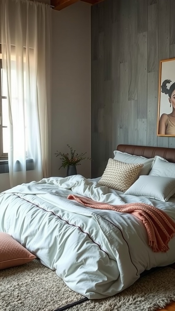 Cozy bedroom with layered textures, including a soft duvet, throw, and cushions, set against a wooden wall.