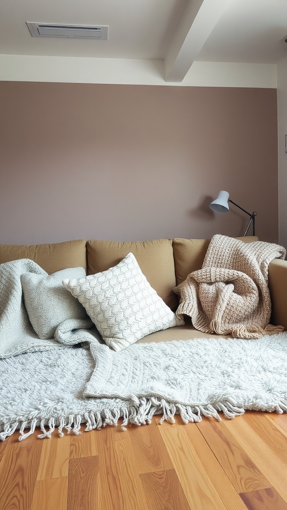 A cozy living room scene featuring a brown couch with knitted throws and pillows in soft hues, set against a light-colored wall.