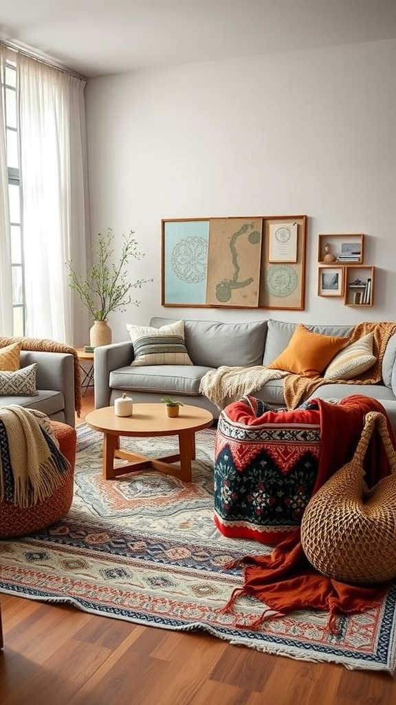 A cozy living room with a gray sofa, woven poufs, colorful throws, and layered rugs, embodying the cottagecore aesthetic.
