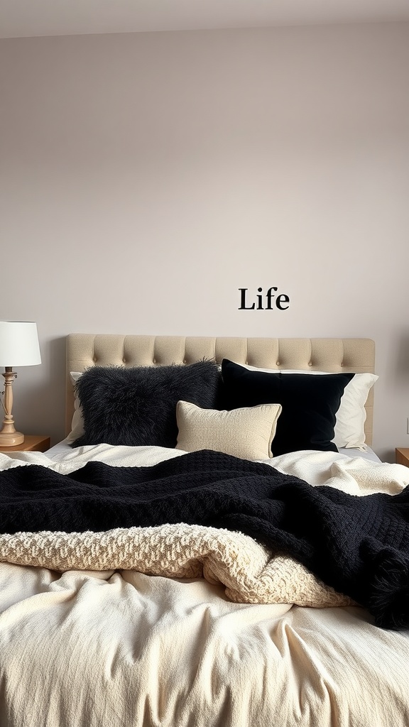 A beige and black themed bedroom with a cozy bed featuring layered blankets and pillows.