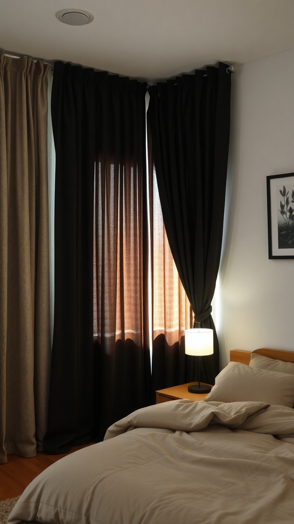 A cozy bedroom featuring layered black out curtains and sheer curtains, with a bedside lamp and a neatly made bed.