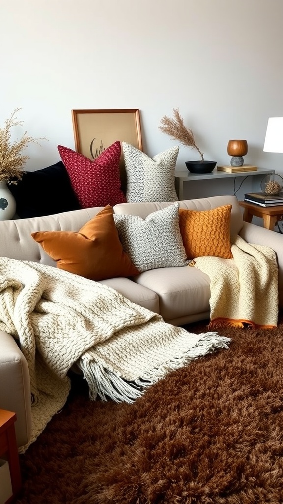 A cozy brown living room with a beige sofa, colorful pillows, a knitted throw, and a fluffy rug