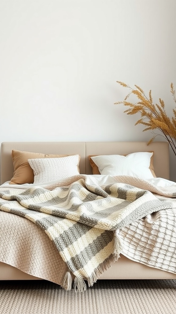 Cozy beige bedframe with layered blankets and pillows