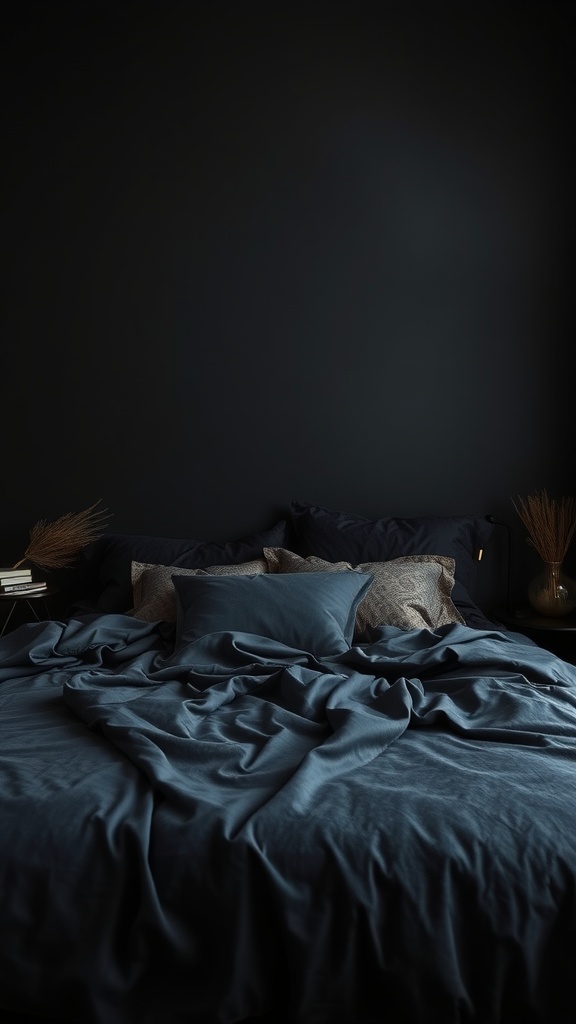 A cozy black bedroom featuring layered dark bedding and textured pillows against a black wall.