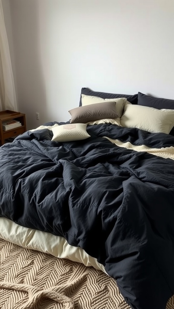 A cozy bedroom featuring a black comforter on a bed with layered pillows and a textured throw blanket on the floor.