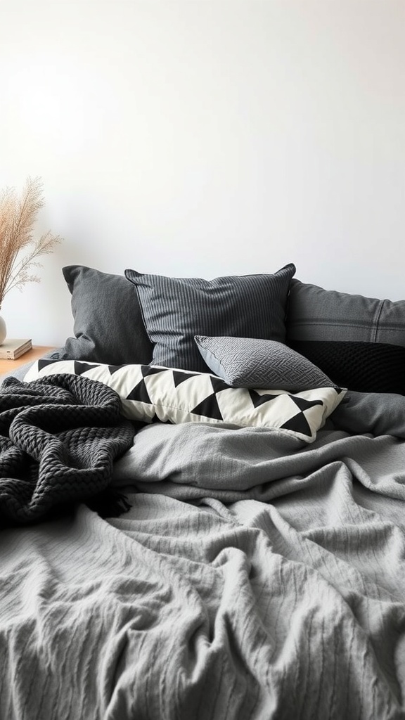 A cozy grey and black bedroom featuring layered textures with pillows and blankets.