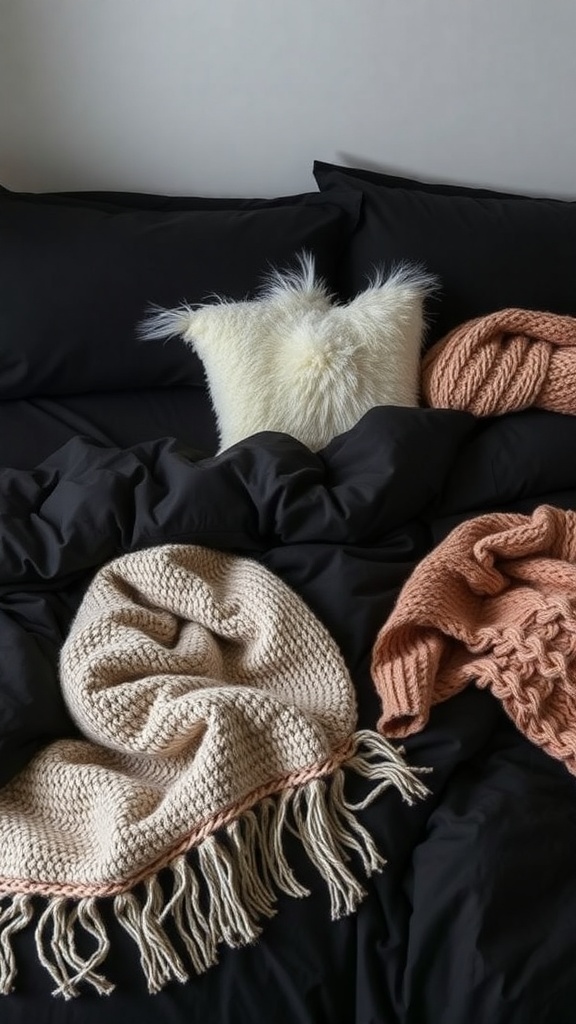 A cozy bed with black sheets layered with textured throws and a fluffy white pillow.