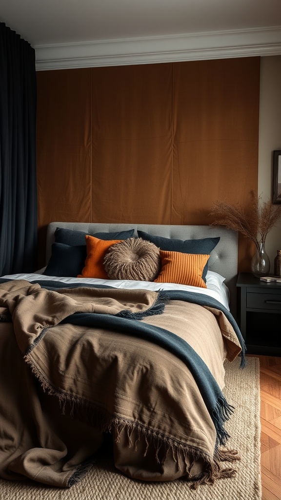 A cozy bedroom featuring layered textures with a brown and black color scheme, including a bed with various pillows and throws.