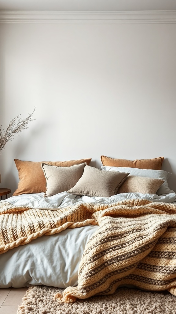 A cozy bedroom featuring layered textures with a bed adorned with pillows and a chunky knit blanket.
