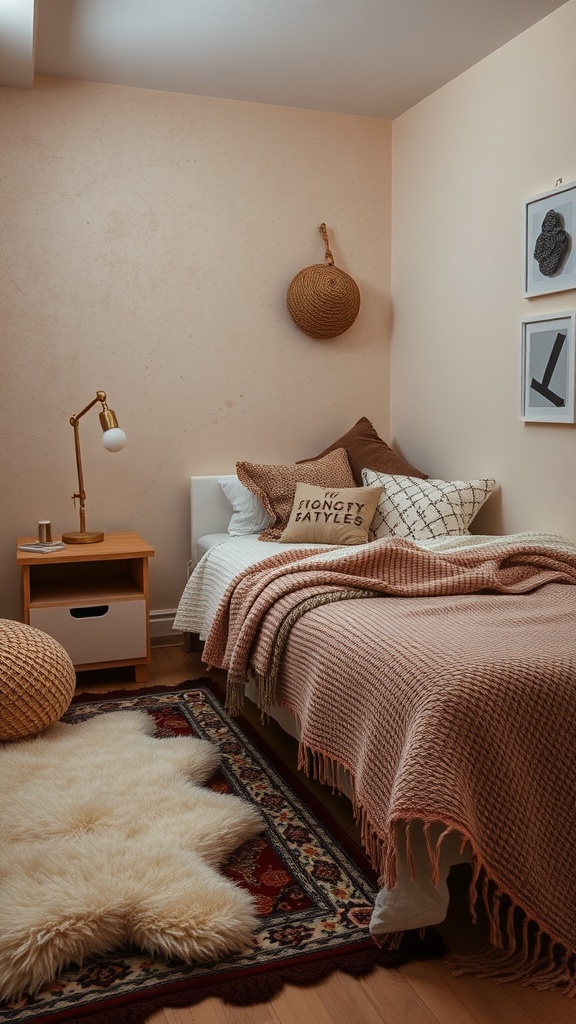 Cozy small bedroom with layered textures, featuring a bed with various blankets, patterned pillows, and a fluffy area rug.