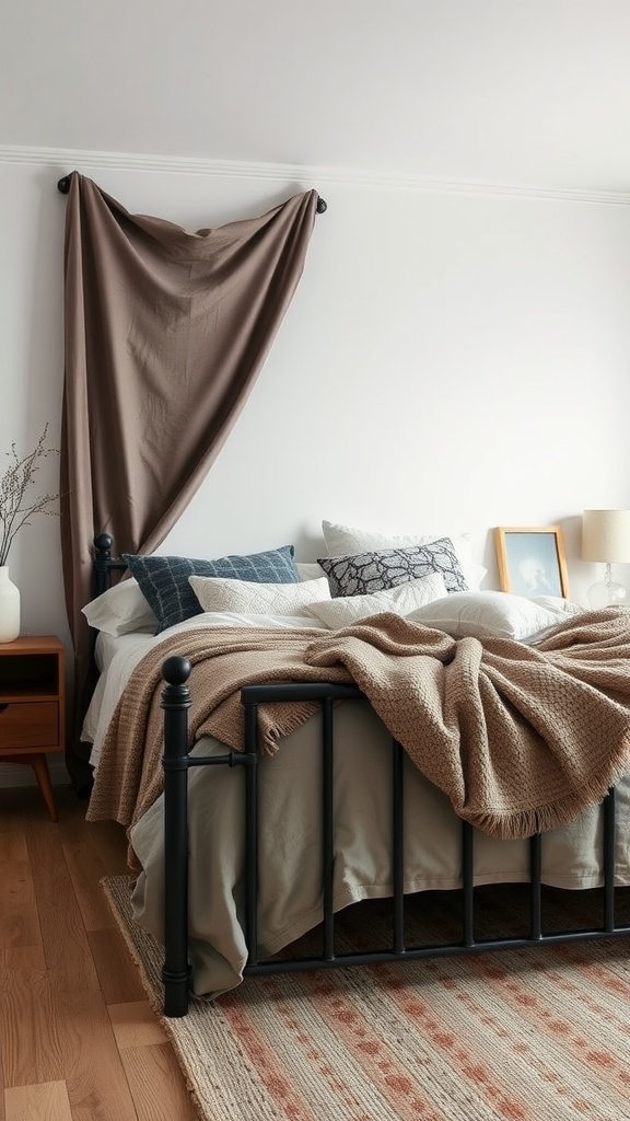 A cozy bedroom featuring a black bed frame, layered bedding, and warm textures.