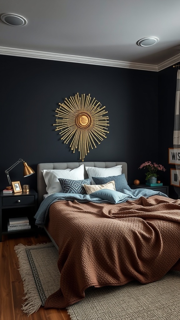 Cozy bedroom with black walls, layered textures, and stylish decor.
