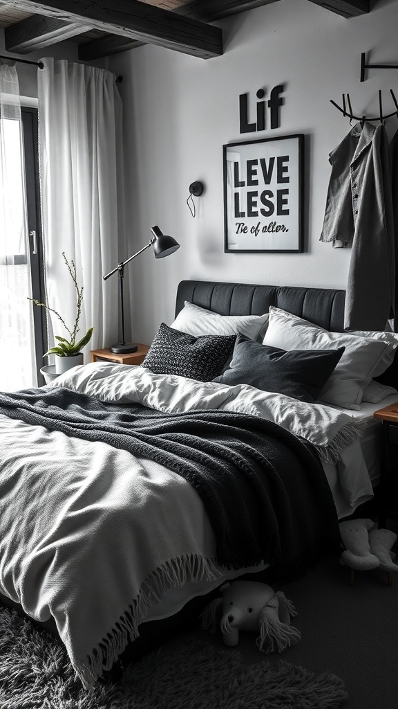 A cozy black and white bedroom featuring layered textures with a bed, pillows, and decorative elements.