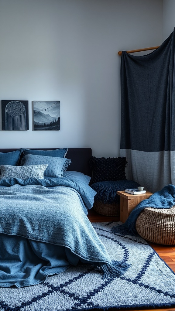 A cozy blue and black bedroom featuring layered bedding, textured pillows, and a patterned rug.
