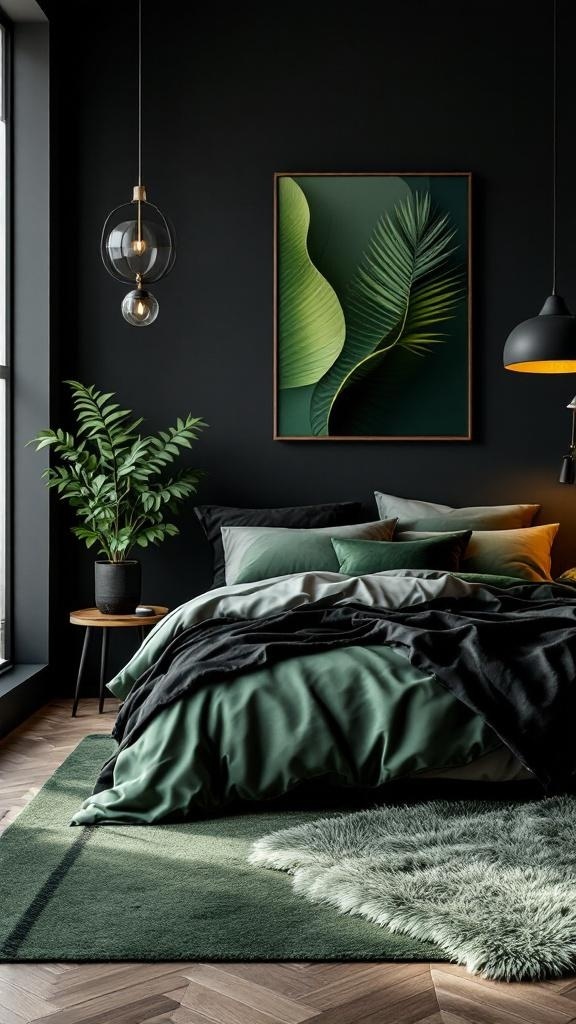 A stylish bedroom featuring green and black colors, layered textures with a plant, artwork, and soft lighting.
