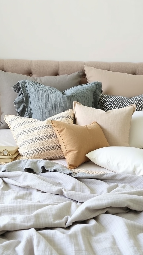 Close-up view of layered cushions on a bed in grey and beige tones.