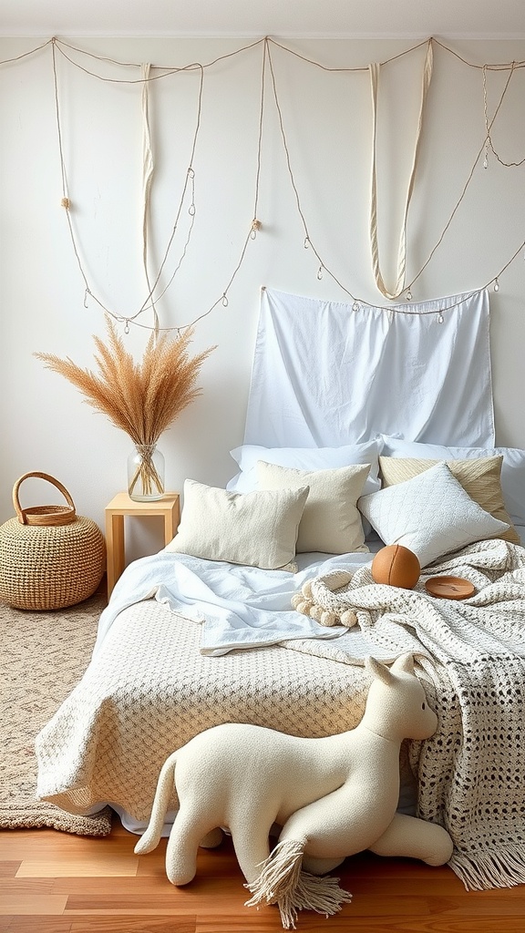 A cozy bedroom featuring a layered texture design with white and beige elements, including cushions, blankets, and natural decor.