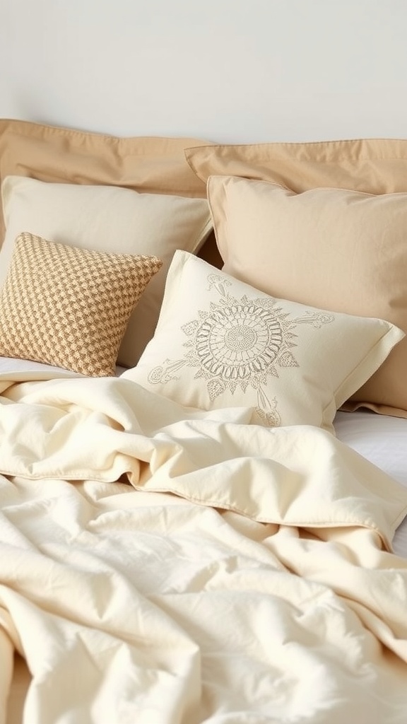 A cozy bed with beige bedding, featuring a mix of textured pillows and a beautifully embroidered pillow, arranged invitingly.