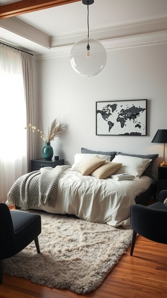 A cozy bedroom featuring black furniture, layered textures, and a warm color palette.