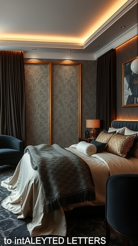 A luxurious black and gold themed bedroom featuring layered textures, rich curtains, and elegant bedding.