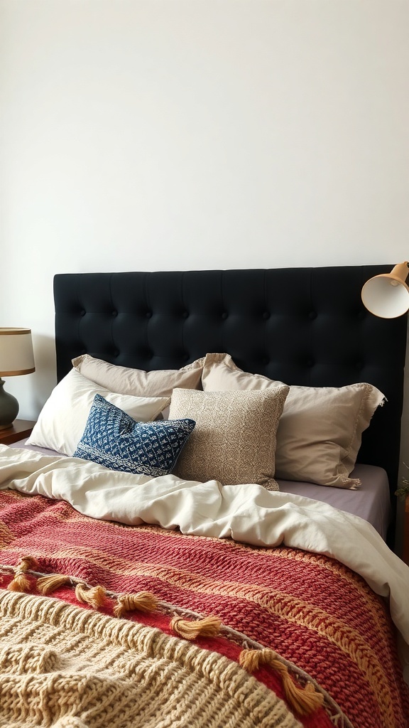 A cozy bedroom featuring a black tufted headboard, layered bedding with a chunky knit blanket, and decorative pillows.