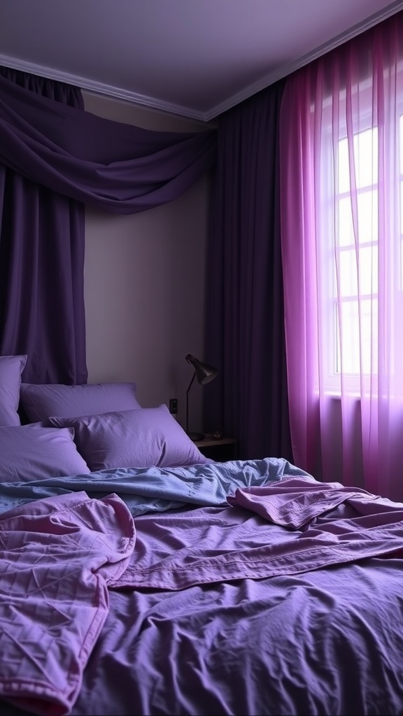 A cozy purple bedroom featuring layered textures with various shades of purple fabrics on the bed and curtains.