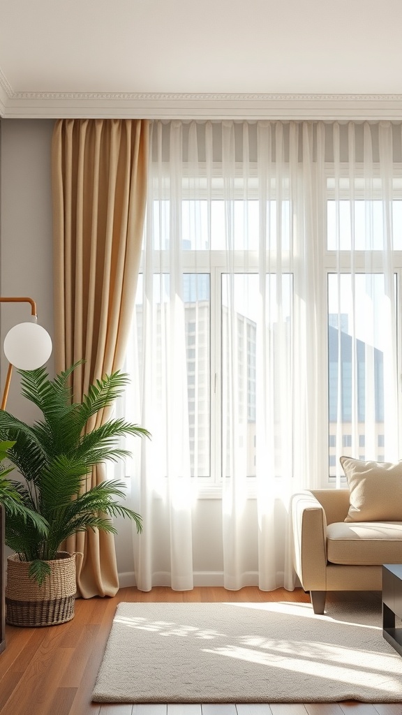A cozy living room featuring layered window treatments with sheer and heavy curtains, a plant in a basket, and a light, neutral color palette.