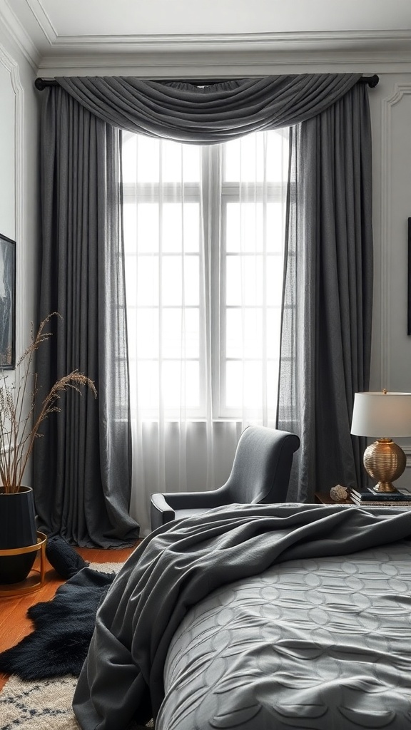 A grey and black bedroom featuring layered window treatments with sheer and dark curtains.