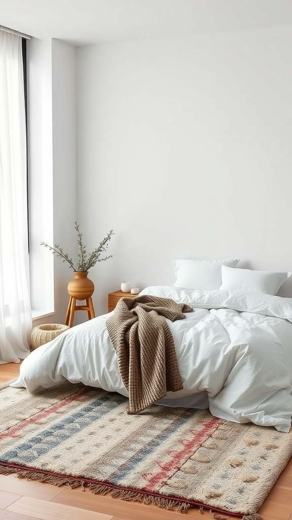 A minimalist bedroom featuring a white bed with a textured blanket, a patterned rug, and a potted plant.