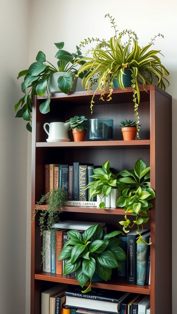 A bookshelf with various indoor plants arranged in layers, showcasing different heights and textures.