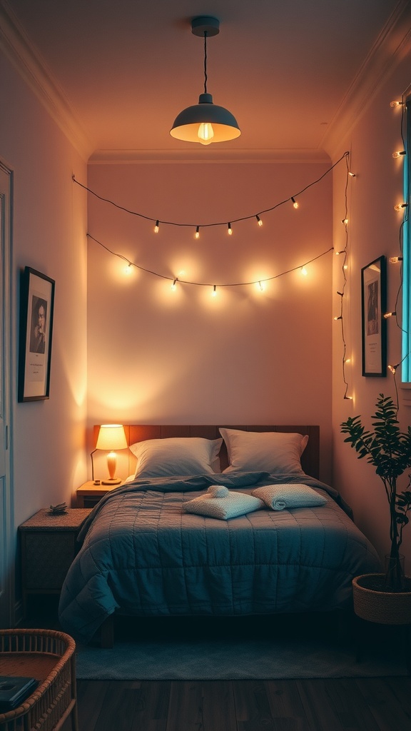 A narrow bedroom with layered lighting, featuring overhead light, string lights, and a bedside lamp.