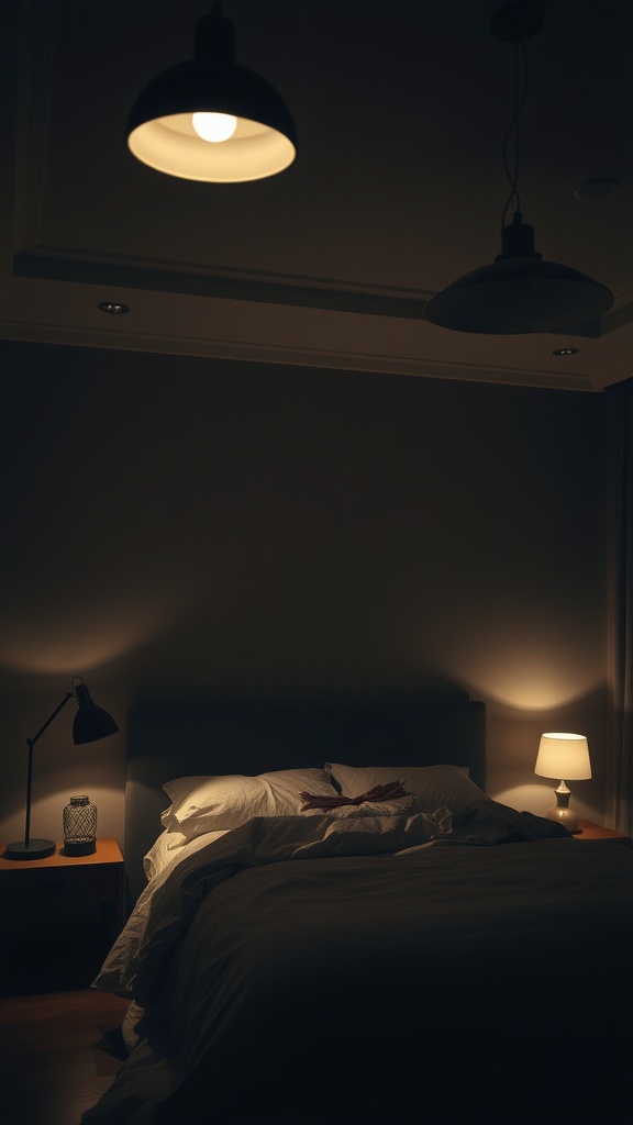 A moody bedroom with layered lighting, featuring a bed with soft bedding and various light sources casting a warm glow.