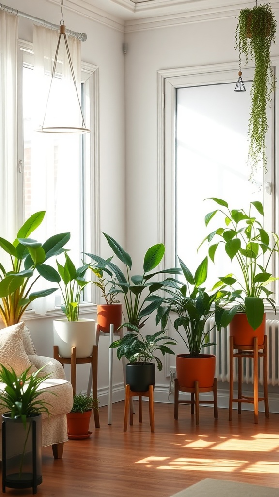 A bright living room filled with plants of various heights, including tall standing plants and a hanging plant.
