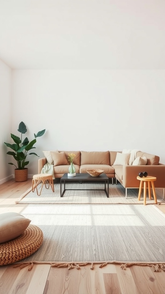 A minimalist living room with layered rugs, a beige couch, and plants.