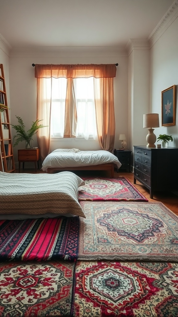 A bedroom with layered rugs, showcasing various patterns and colors, enhancing the room's coziness.