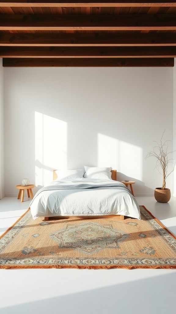 A modern minimal bedroom featuring a layered rug under a bed, with wooden beams and natural light.