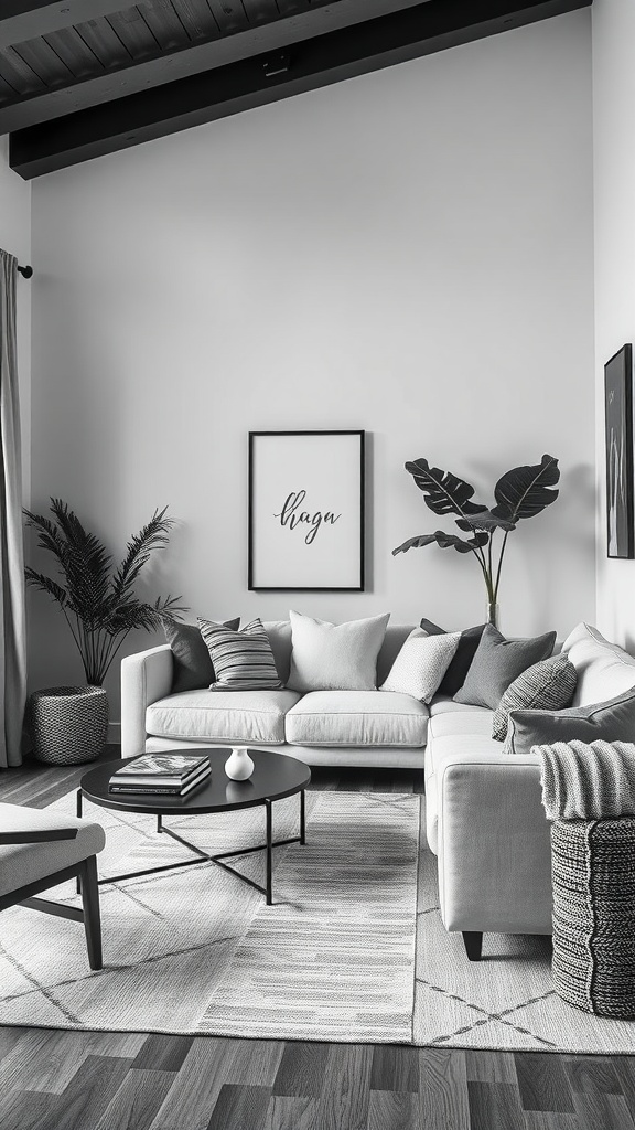 A black and white aesthetic living room featuring a gray sectional sofa with various textured pillows, a round black coffee table, and wall art.