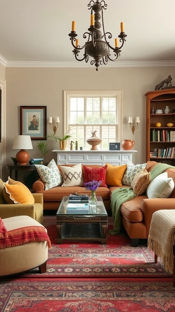 Cozy English living room with layered textiles, colorful cushions, and a vibrant rug.