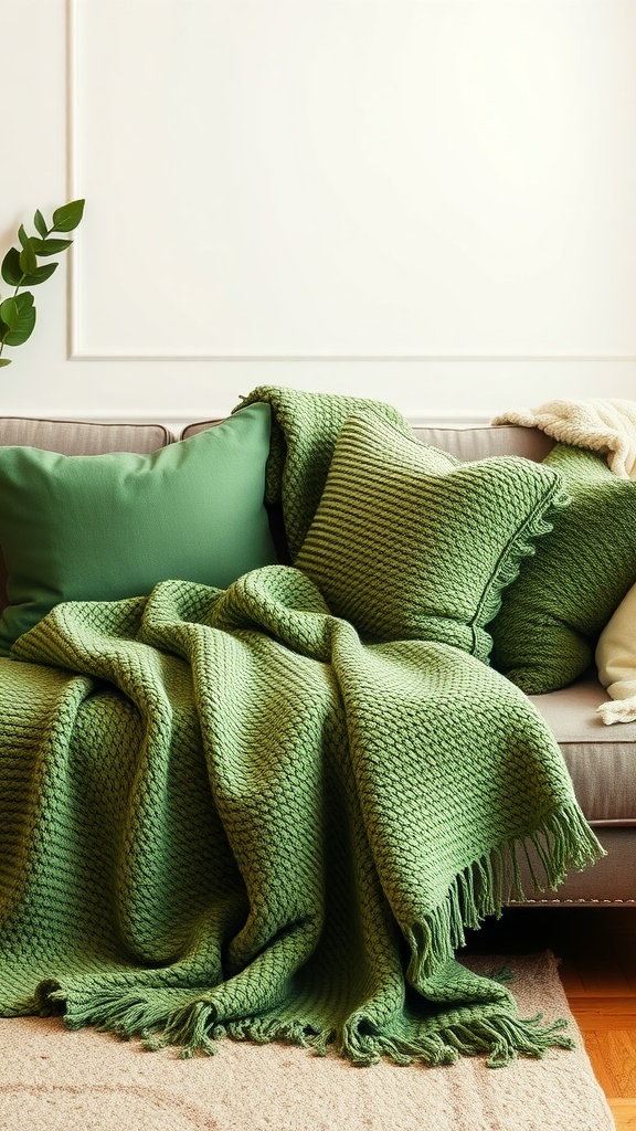 A cozy green aesthetic living room with layered textiles including a knitted throw and plush pillows on a sofa.