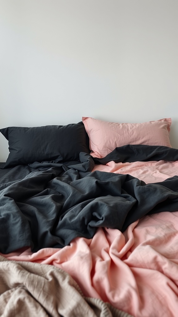 A bed with black and pink bedding, layered with a grey throw blanket, showcasing a cozy and stylish bedroom setup.