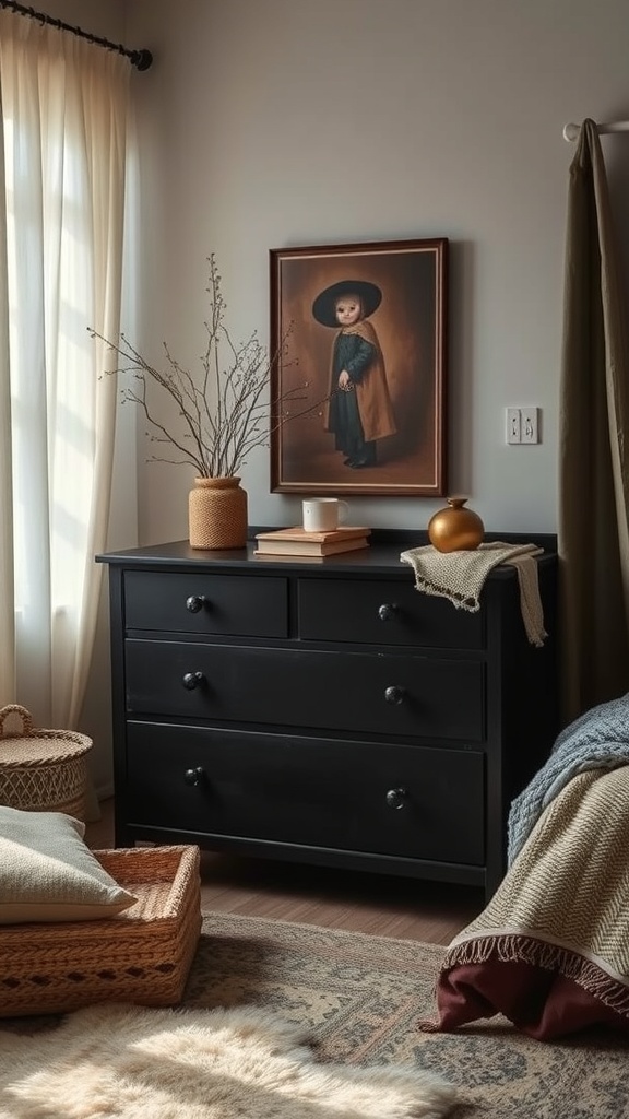 A cozy bedroom featuring a black dresser, adorned with decorative items, soft textures, and natural light.