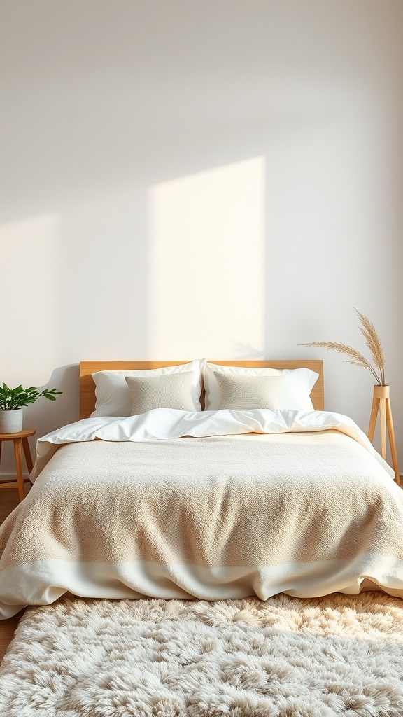 A cozy bedroom featuring a layered bed with neutral-toned blankets, fluffy rug, and potted plant.